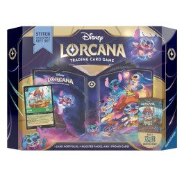 Lorcana TCG: Azurite Sea Stitch Collectors Gift Set - Dark blue collector's box for Lorcana TCG featuring colorful Disney characters and gold accents, includes cards and.