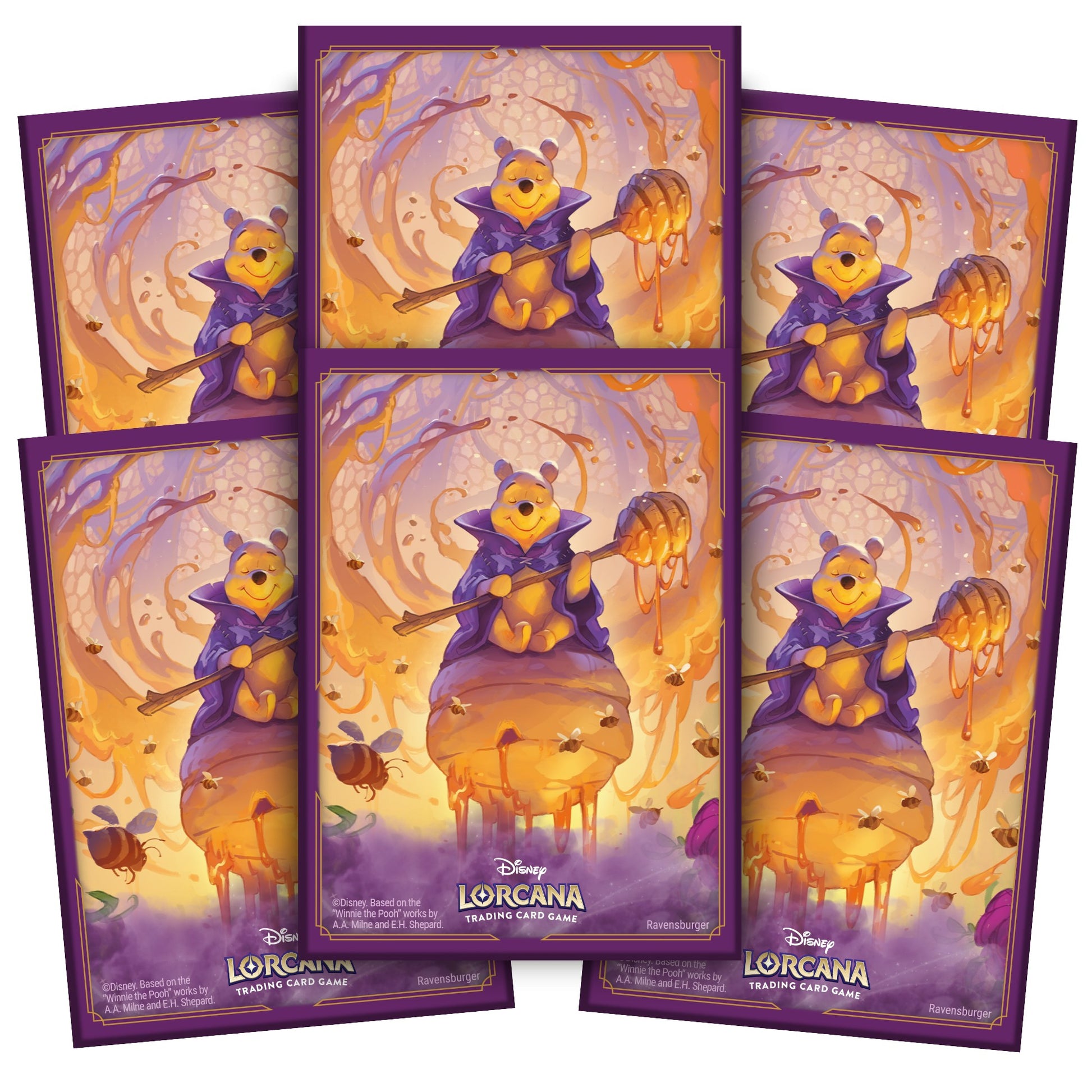 Lorcana TCG: Azurite Sea Card Sleeves Pooh - Set of card sleeves featuring Winnie the Pooh in a purple cloak holding a honey pot, autumn leaves and branches background,.