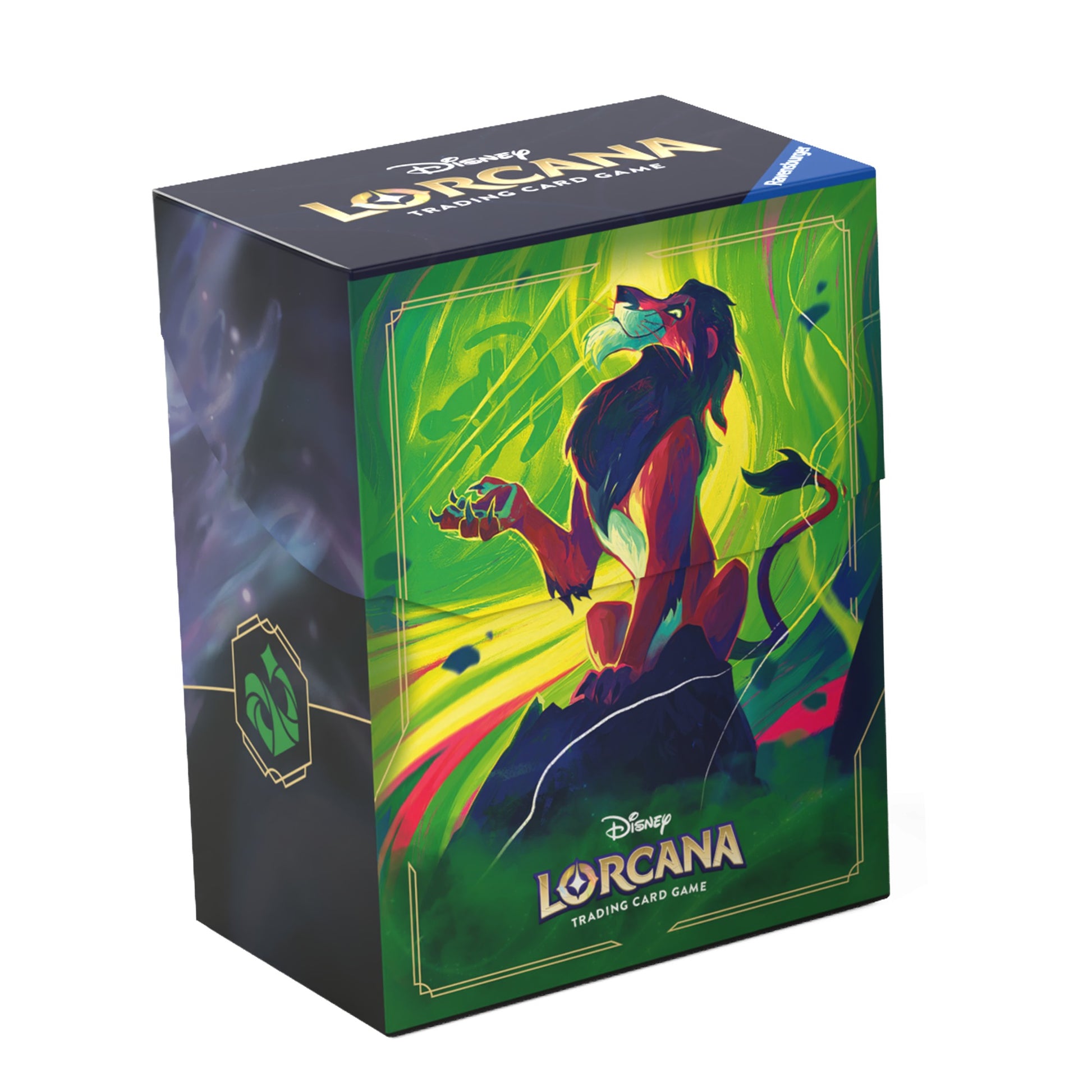 Lorcana TCG: Azurite Sea Deck Box Scar - Rectangular Lorcana TCG deck box with vibrant green and yellow background featuring a dark, stylized panther-like creature.