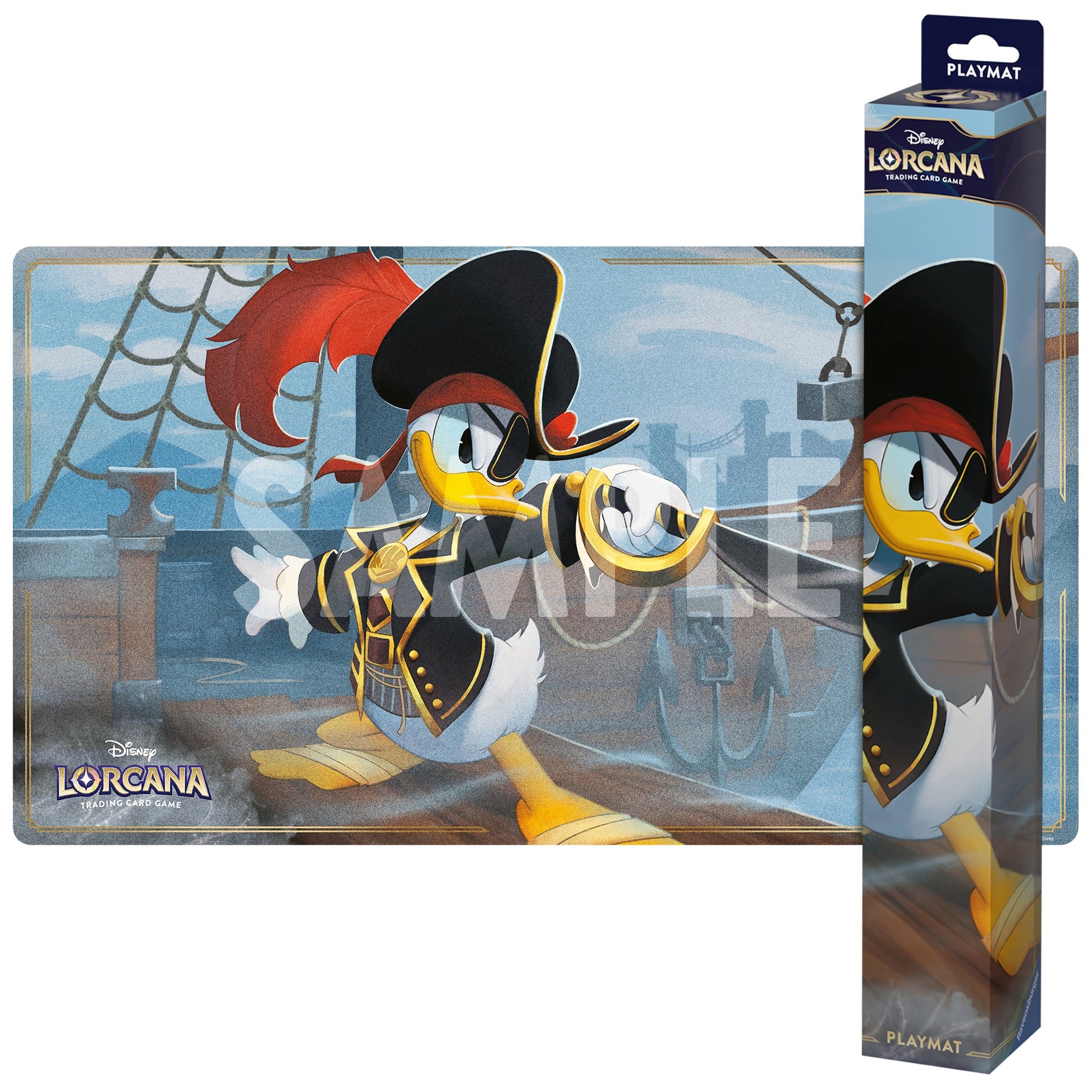 Lorcana TCG: Azurite Sea Playmat Donald Duck - Lorcana TCG playmat featuring Donald Duck dressed as a pirate with a black hat and red feather, standing on a ship deck with