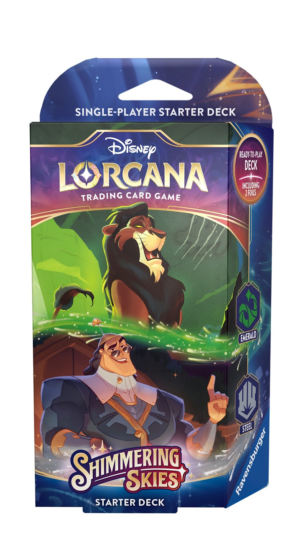 Lorcana TCG: Shimmering Skies Starter Deck - Emerald & Steel - Disney Lorcana Trading Card Game single-player starter deck box featuring emerald green and purple hues with an illustrated.