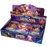 Lorcana TCG: Shimmering Skies Booster Box - Purple and blue Lorcana TCG Shimmering Skies booster box with colorful Disney character artwork and 12-card packs inside.
