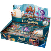 Lorcana TCG: Azurite Sea Booster Box - Open display box with 12 Lorcana TCG Azurite Sea booster packs featuring colorful Disney character artwork on teal packaging.