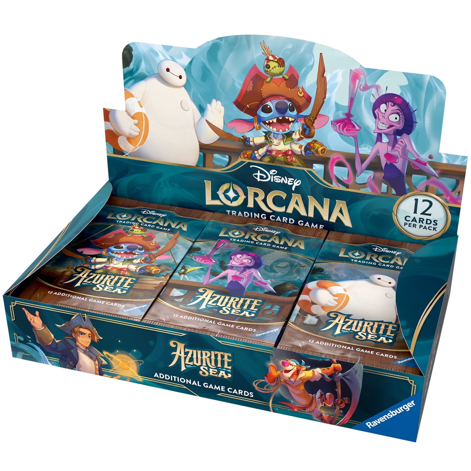 Lorcana TCG: Azurite Sea Booster Box - Open display box with 12 Lorcana TCG Azurite Sea booster packs featuring colorful Disney character artwork on teal packaging.