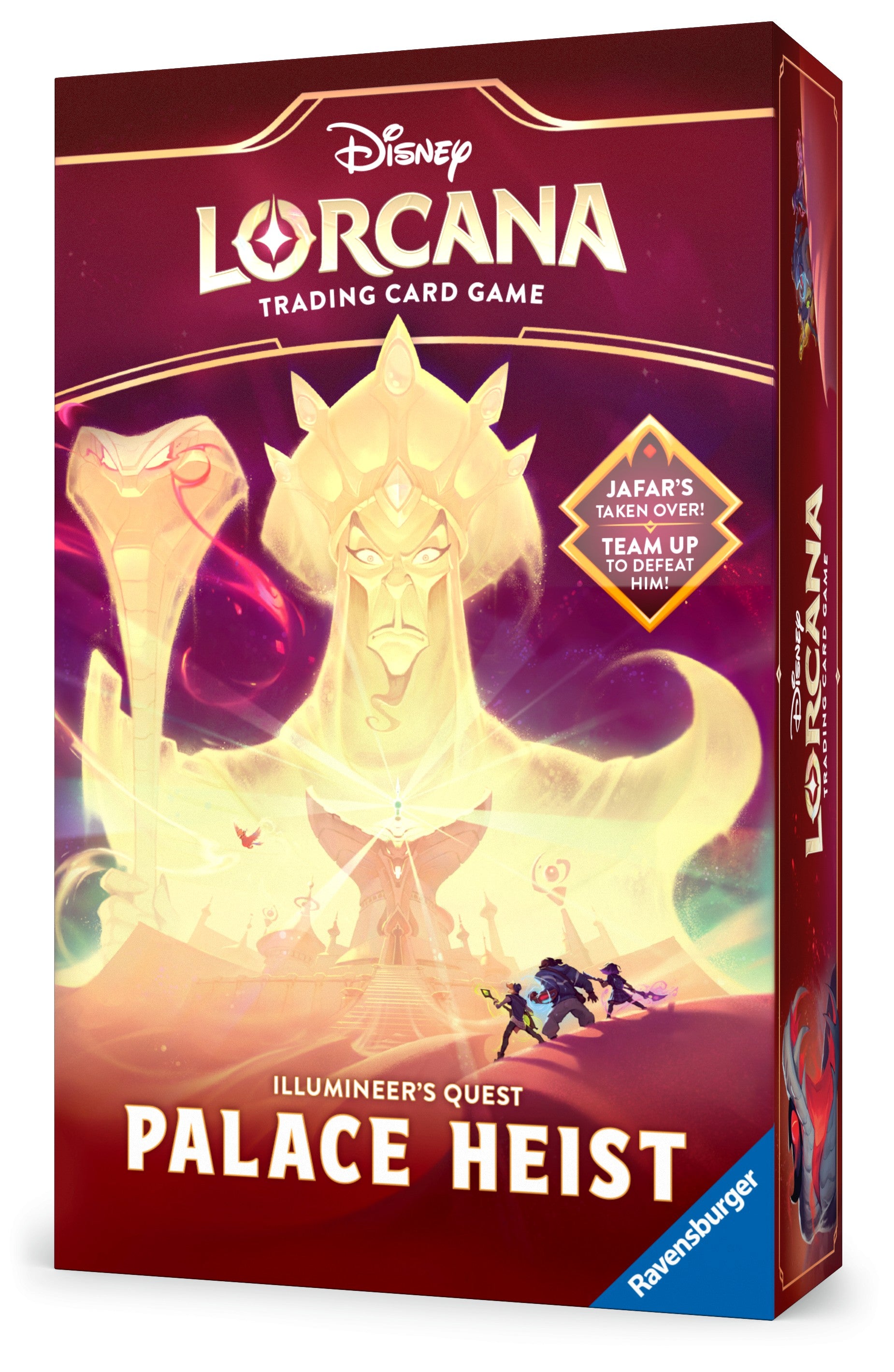 Lorcana TCG: Reign of Jafar Illumineer's Quest: Palace Heist - Lorcana TCG Palace Heist booster pack with glowing golden genie figure and dark red background.