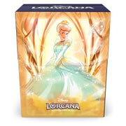 Lorcana TCG: Archazia's Island Deck Box - Cinderella - Glossy rectangular deck box featuring Cinderella in a shimmering light blue gown with sparkles and golden background accents.