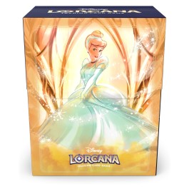 Lorcana TCG: Archazia's Island Deck Box - Cinderella - Glossy rectangular deck box featuring Cinderella in a shimmering light blue gown with sparkles and golden background accents.