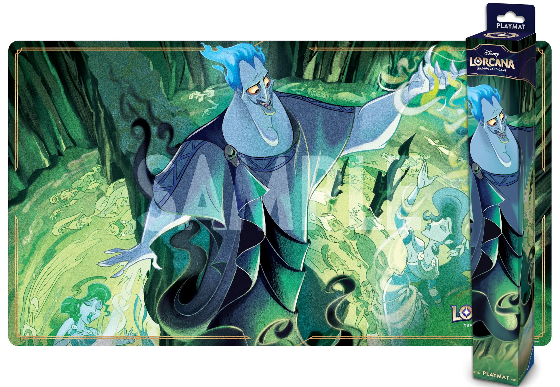 Lorcana TCG: Reign of Jafar Playmat: Hades - Brightly colored Lorcana playmat featuring blue-skinned Hades with ghostly green flames on a cave background.