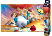 Lorcana TCG: Reign of Jafar Playmat: Rescue Rangers - Colorful Lorcana TCG playmat featuring Rescue Rangers characters flying a plane, vibrant orange and blue background.