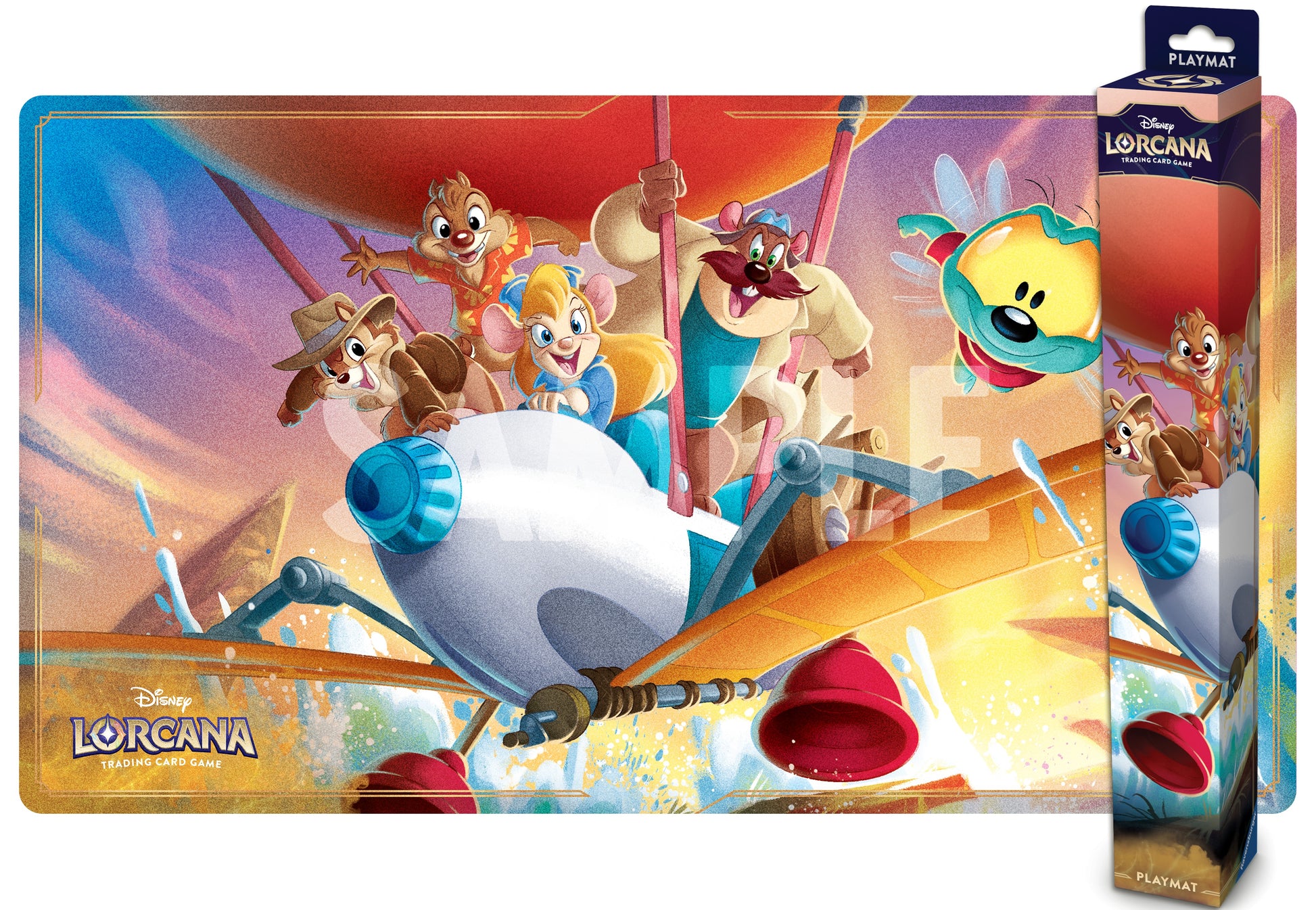 Lorcana TCG: Reign of Jafar Playmat: Rescue Rangers - Colorful Lorcana TCG playmat featuring Rescue Rangers characters flying a plane, vibrant orange and blue background.