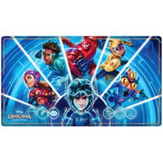 Lorcana TCG: Archazia's Island Playmat - Big Hero 6 We Could Be Immortals - Rectangular blue playmat featuring six colorful Big Hero 6 characters in dynamic poses with glowing light streaks and.