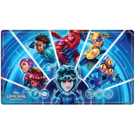 Lorcana TCG: Archazia's Island Playmat - Big Hero 6 We Could Be Immortals - Rectangular blue playmat featuring six colorful Big Hero 6 characters in dynamic poses with glowing light streaks and.