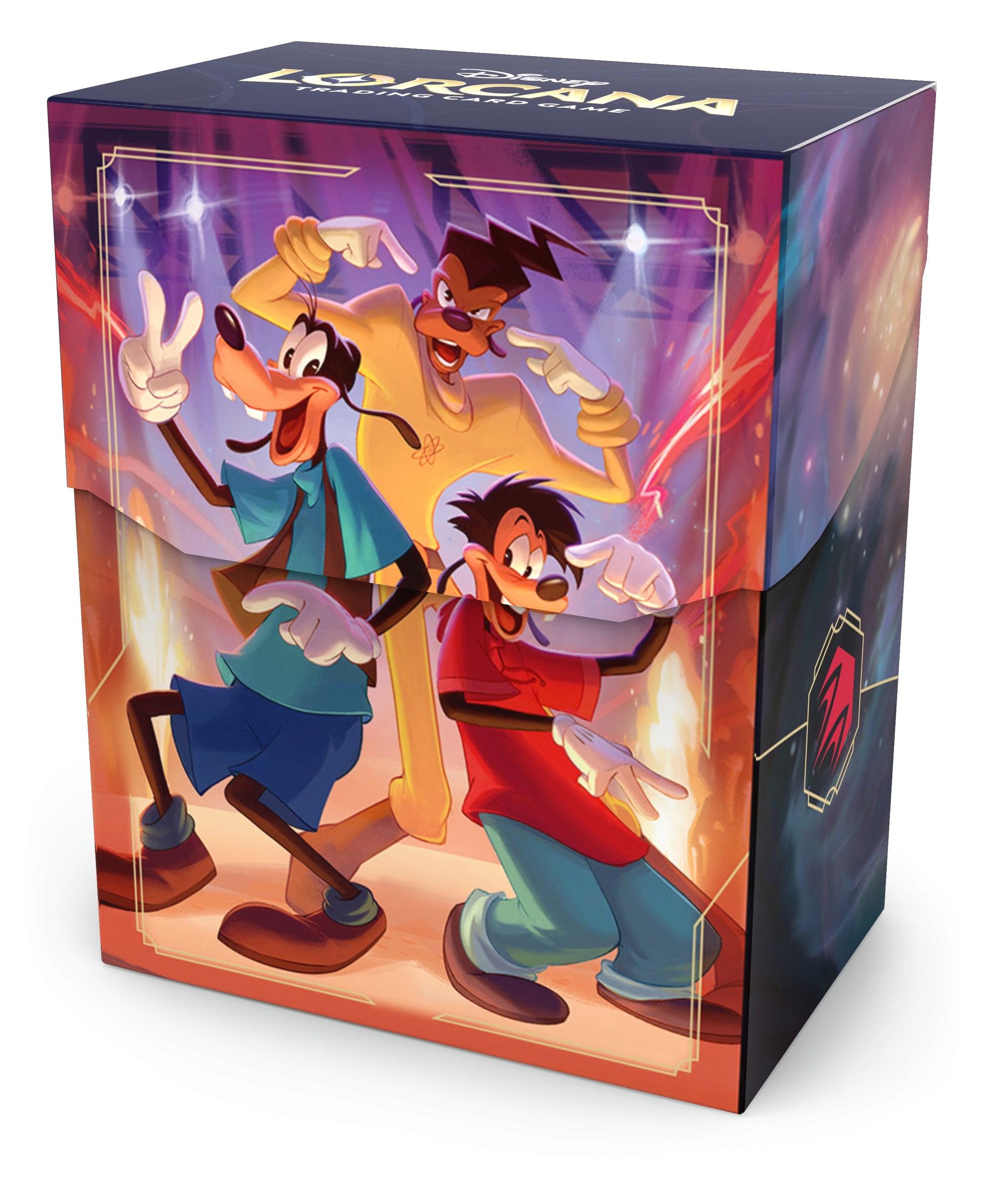 Lorcana TCG: Fabled Deck Box - I2I - Colorful rectangular deck box featuring animated characters in dynamic poses with vibrant purple and orange background.