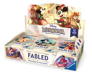 Lorcana TCG: Fabled Booster Display - Colorful display box featuring Lorcana TCG Fabled booster packs with Disney characters and 12 cards per pack.