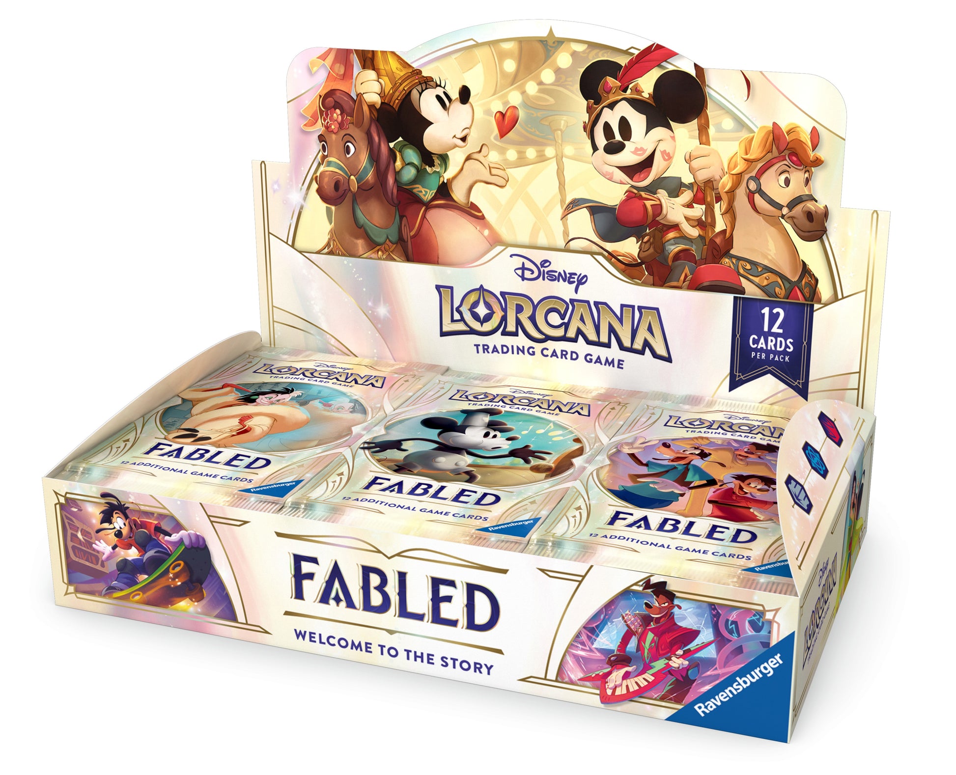 Lorcana TCG: Fabled Booster Display - Colorful display box featuring Lorcana TCG Fabled booster packs with Disney characters and 12 cards per pack.