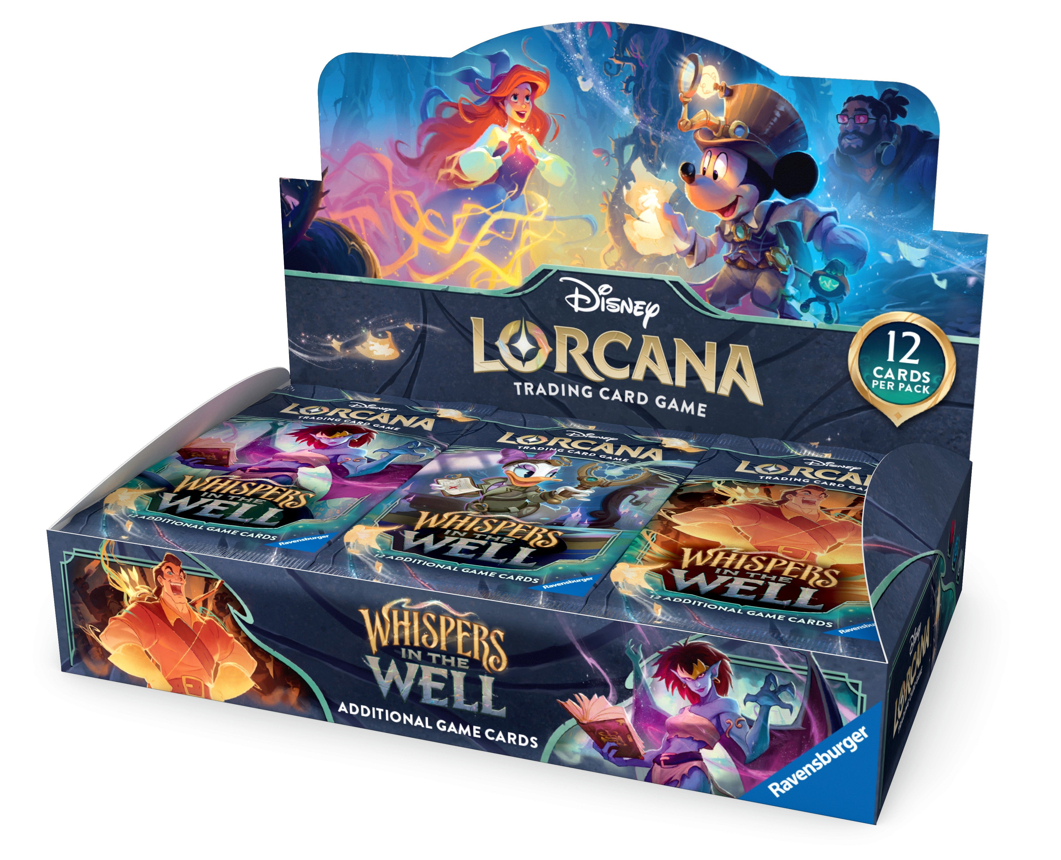Lorcana TCG: Whispers in the Well Booster Display (PREORDER) - Open display box of Lorcana TCG Whispers in the Well booster packs with colorful fantasy artwork and Disney characters on.