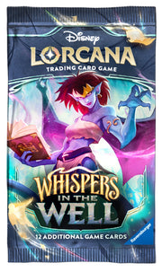 Lorcana TCG: Whispers in the Well Booster Pack - Shiny blue foil booster pack featuring a red-haired character casting magic from a glowing book, labeled "Whispers in the.