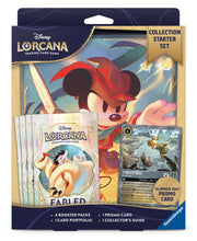 Lorcana TCG: Fabled Collection Starter Set - Lorcana TCG Fabled Collection Starter Set with colorful box featuring Mickey Mouse in fantasy armor, includes booster packs.