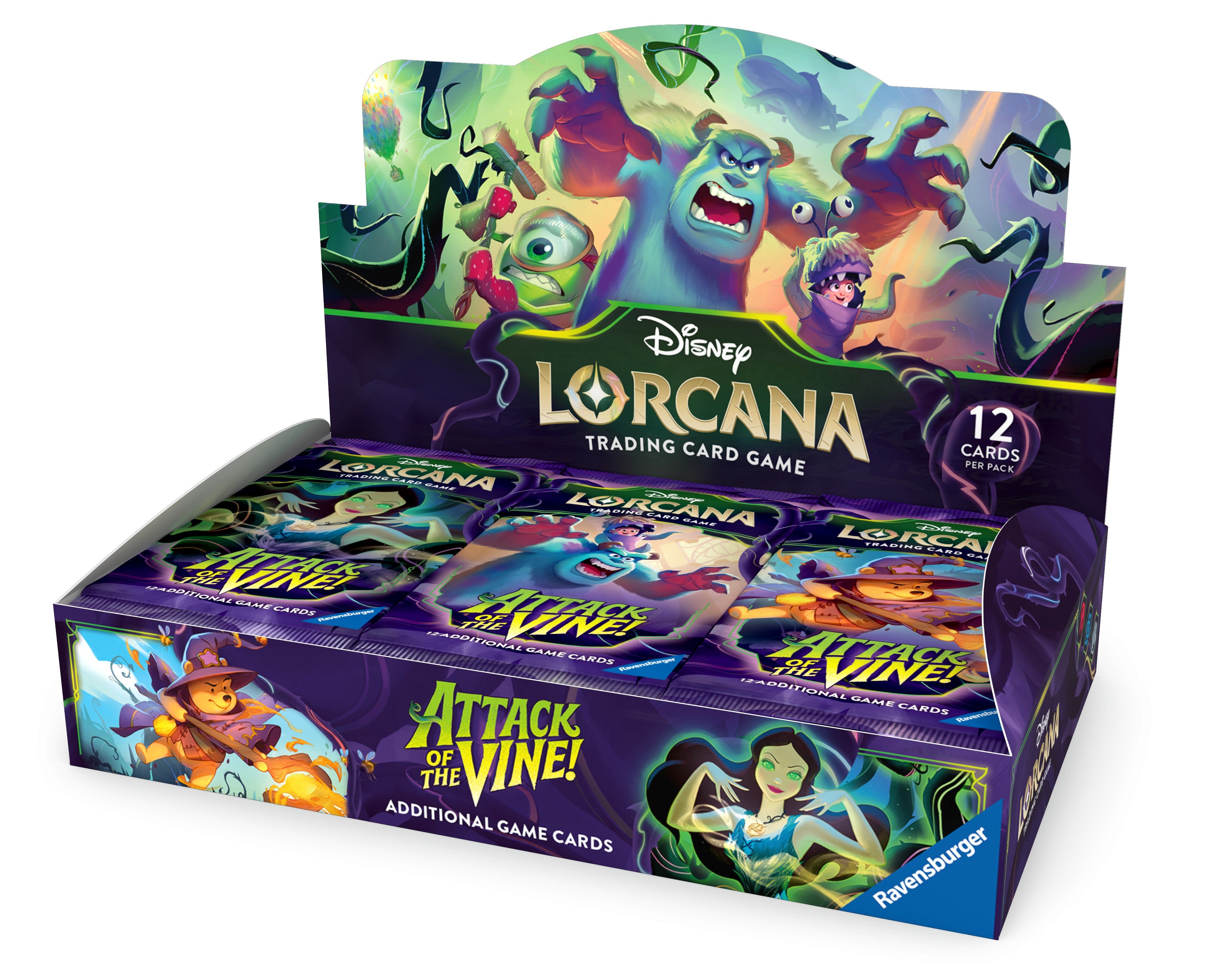 Lorcana TCG: Attack of the Vine! Booster Display (PREORDER) - Box of 12 Lorcana TCG Attack of the Vine booster packs with colorful Disney character artwork on purple display box.