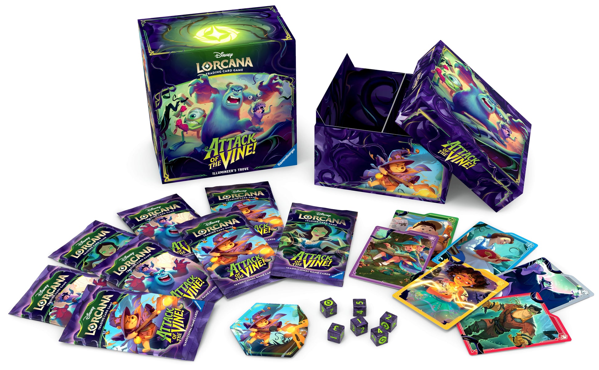 Lorcana TCG: Attack of the Vine! Illumineer's Trove (PREORDER) - Lorcana TCG Attack of the Vine Illumineer's Trove box with colorful fantasy card illustrations, dice, and tokens spread out.