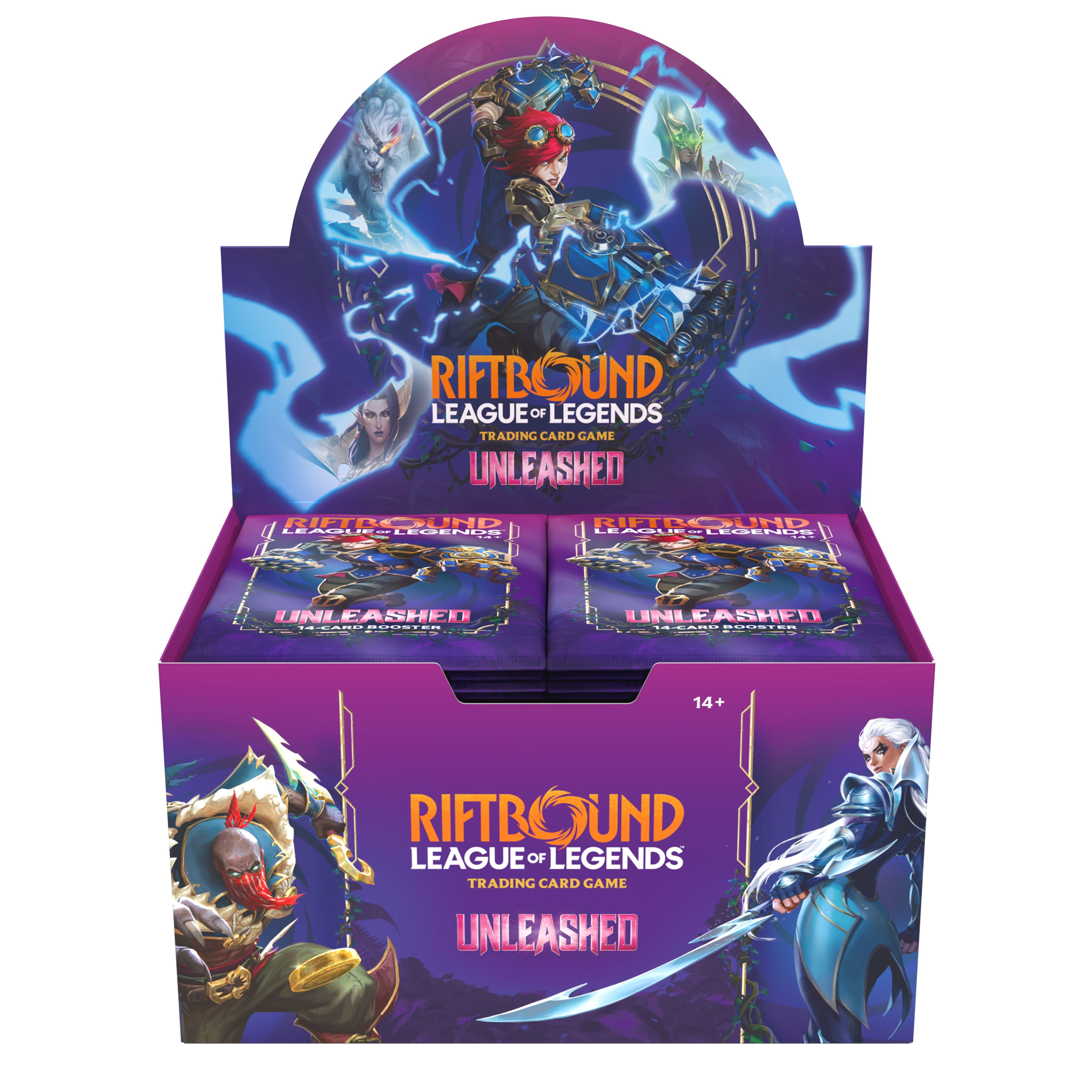 Riftbound: League of Legends TCG: Unleashed Booster Display (PREORDER) - Colorful purple and blue booster box featuring dynamic League of Legends characters and bold Riftbound Unleashed branding.