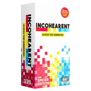 Incohearant: The Spicier Edition (PREORDER) - White rectangular game box with colorful pixelated red, yellow, and blue squares, bold black "INCOHEARENT" text, and red.