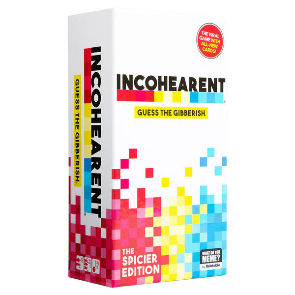 Incohearant: The Spicier Edition (PREORDER) - White rectangular game box with colorful pixelated red, yellow, and blue squares, bold black "INCOHEARENT" text, and red.