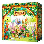 Pergola - Colorful garden-themed board game box with flowers, gardening tools, and a white picket fence design.