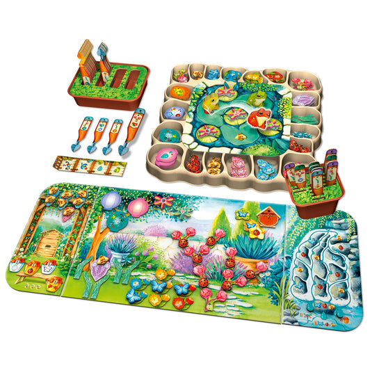 Pergola - Colorful family board game featuring a vibrant garden-themed path, fish and vegetable tokens, and three-dimensional wooden.