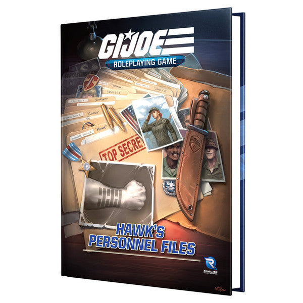 G.I. JOE Roleplaying Game: Hawk's Personnel Files Sourcebook - Hardcover book with dark blue cover featuring G.I. Joe Roleplaying Game logo, secret files folders, photos, and a large.