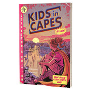 Kids in Capes - Softcover book with illustrated cover showing a girl in a red cape sitting contemplatively by a sunset-lit bridge, titled.