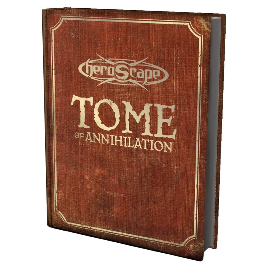 Heroscape: Tome of Annihilation (PREORDER) - Brown hardcover book with gold embossed title "Heroscape Tome of Annihilation" and decorative border on front cover.