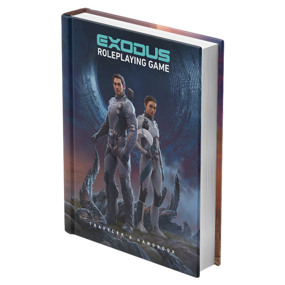 Exodus RPG: Traveler's Handbook (PREORDER) - Hardcover RPG book with sci-fi cover art featuring two armored characters standing against a dark, alien landscape.