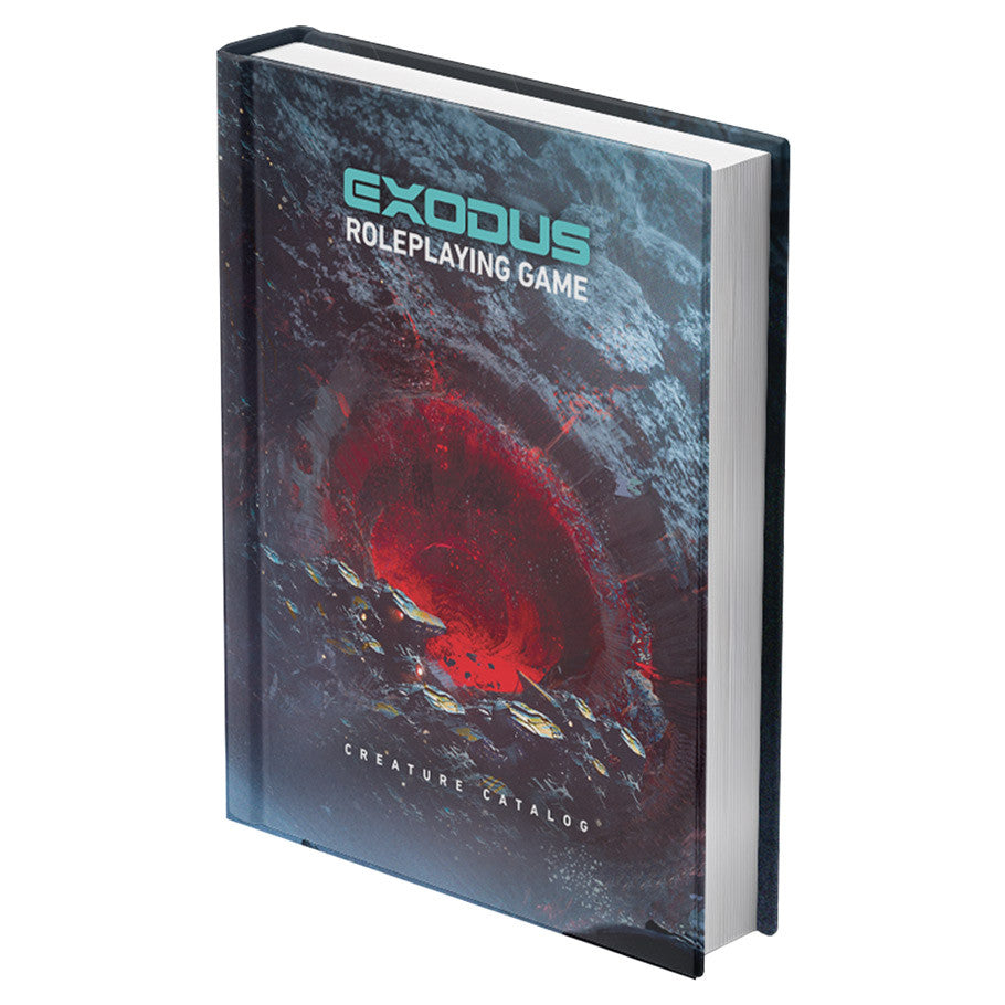 Exodus RPG: Creature Catalogue (PREORDER) - Hardcover book with dark sci-fi cover art featuring a glowing red crater and rocky textures, titled Exodus Roleplaying Game.
