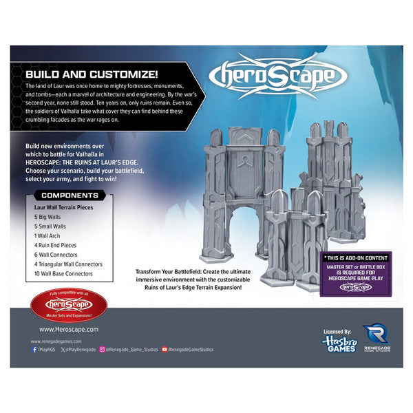 Heroscape: The Ruins at Laur's Edge Terrain Expansion - Heroscape terrain expansion box with gray plastic ruins pieces and blue branded background.