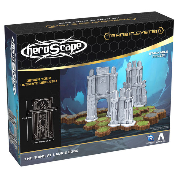 Heroscape: The Ruins at Laur's Edge Terrain Expansion - Heroscape Ruins at Laur’s Edge gray stone terrain pieces with arches and columns on hexagonal base tiles in black and blue.
