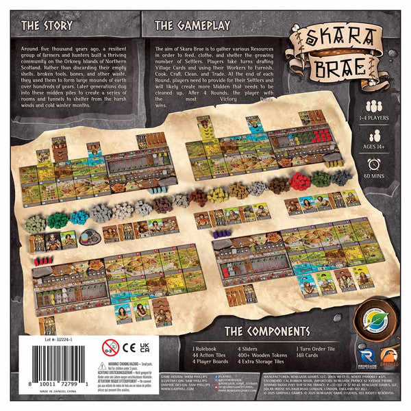 Skara Brae - Board game box back showing colorful illustrated game boards, wooden tokens, cards, and detailed gameplay text.