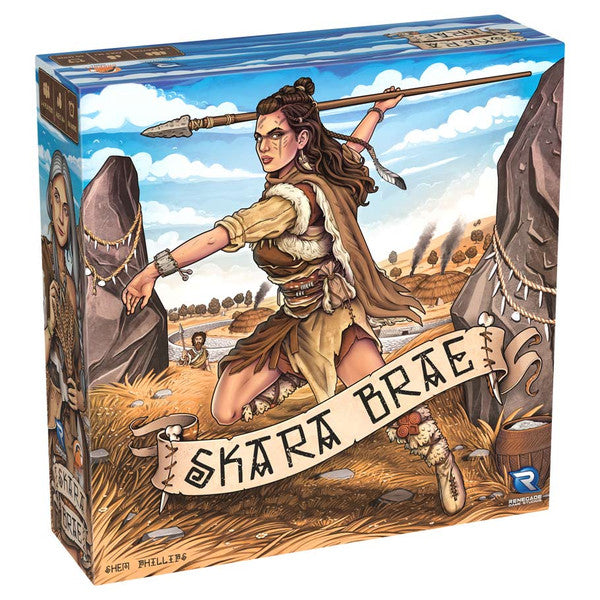 Skara Brae - Board game box featuring a warrior woman with spear in prehistoric landscape, titled Skara Brae.