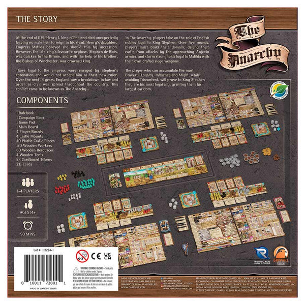 The Anarchy - Board game box back displaying The Anarchy with detailed game components, cards, tokens, and illustrated story text on a.