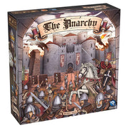 The Anarchy - Square board game box featuring medieval knights, a white horse, and a castle siege scene with banners and fire blasts.