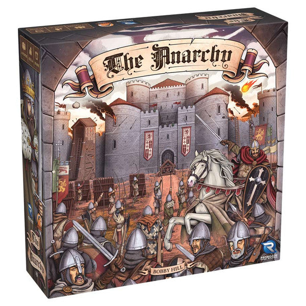 The Anarchy - Square board game box featuring medieval knights, a white horse, and a castle siege scene with banners and fire blasts.