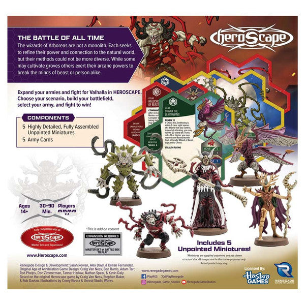Heroscape: Heroes of Aboreas Army Expansion (PREORDER) - Heroscape expansion box featuring colorful fantasy artwork, hex map tiles, and five unpainted miniatures including armored.
