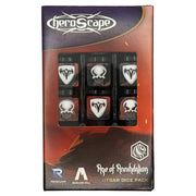 Heroscape: Utgar Dice Pack - Six black six-sided dice with white skull and emblem faces in rectangular plastic tray inside red and black Heroscape Utgar.