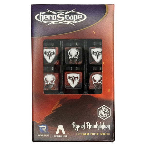 Heroscape: Utgar Dice Pack - Six black six-sided dice with white skull and emblem faces in rectangular plastic tray inside red and black Heroscape Utgar.