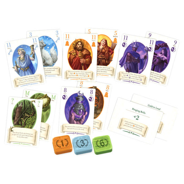 The Fox in the Forest Deluxe (PREORDER) - Colorful playing cards featuring detailed fantasy characters, wooden tokens in orange, blue, and green, and white score.