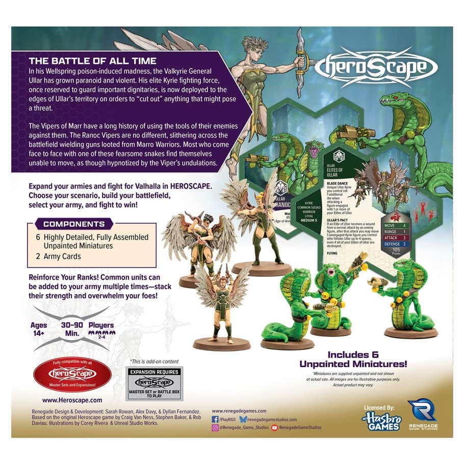 Heroscape: Elites of Ullar and Ranoc Vipers Army Expansion (PREORDER) - Heroscape Elites of Ullar and Ranoc Vipers box art featuring detailed fantasy miniatures in green and brown tones on round.