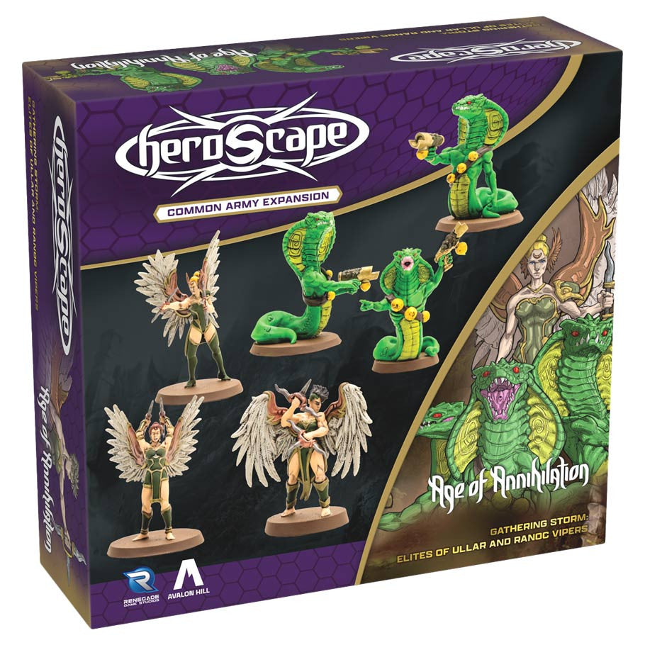 Heroscape: Elites of Ullar and Ranoc Vipers Army Expansion (PREORDER) - Heroscape Elites of Ullar and Ranoc Vipers Army Expansion box featuring green snake-like creatures and winged humanoid.