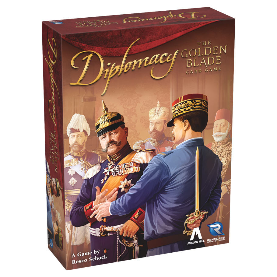 Diplomacy: The Golden Blade Card Game (PREORDER) - The Golden Blade card game box with vintage military artwork featuring two officers, rich red and gold tones.