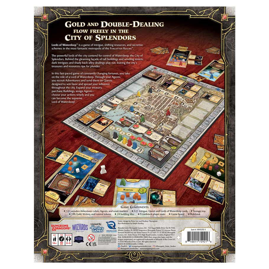 D&D: Lords of Waterdeep (PREORDER) - Lords of Waterdeep with colorful detailed city map and multiple player boards on reddish background.