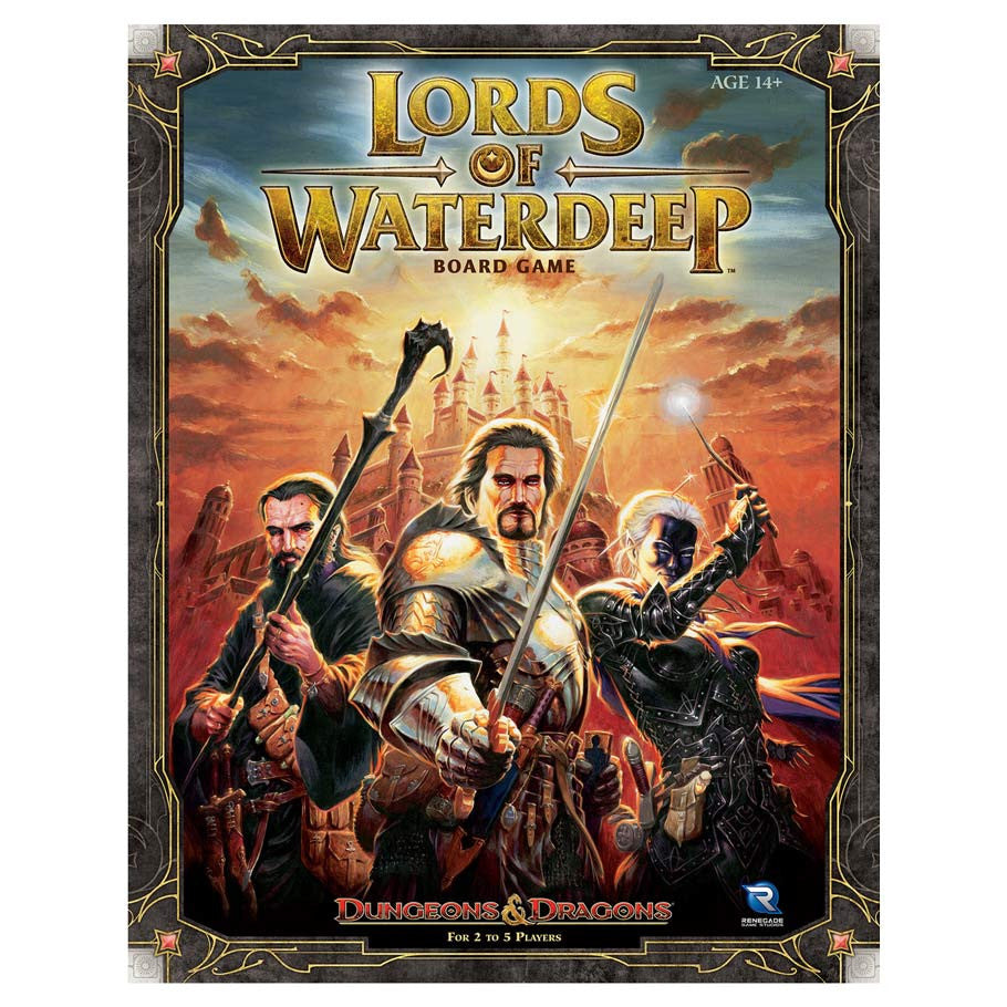 D&D: Lords of Waterdeep (PREORDER) - Board game box featuring fantasy characters in armor and robes wielding weapons against a fiery sunset background.